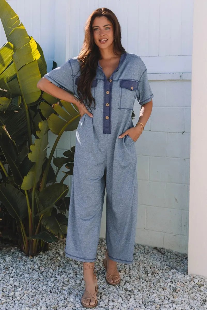 Beau Blue Half Placket Chest Pockets Short Sleeve Jumpsuit - Love Salve